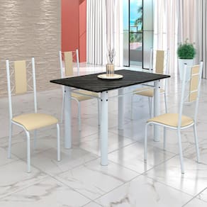 Conjunto Sala de Jantar Bahia Mesa Tubo 120x75cm Tampo Madeira Indiana com 4 Cadeiras Creme/Branco