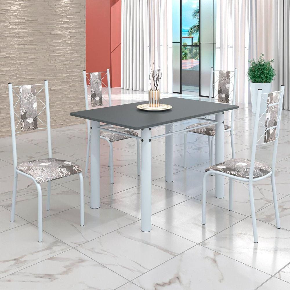 Conjunto Sala de Jantar Bahia Mesa Tubo 120x75cm Tampo Madeira com 4 Cadeiras Paraopeba/Branco