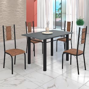 Conjunto Sala de Jantar Bahia Mesa Tubo 120x75cm Tampo Pedra com 4 Cadeiras Marrom/Preto Fosco