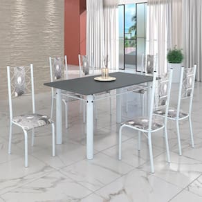 Conjunto Sala de Jantar Bahia Mesa Tubo 140x75cm Tampo Pedra com 6 Cadeiras Paraopeba/Branco