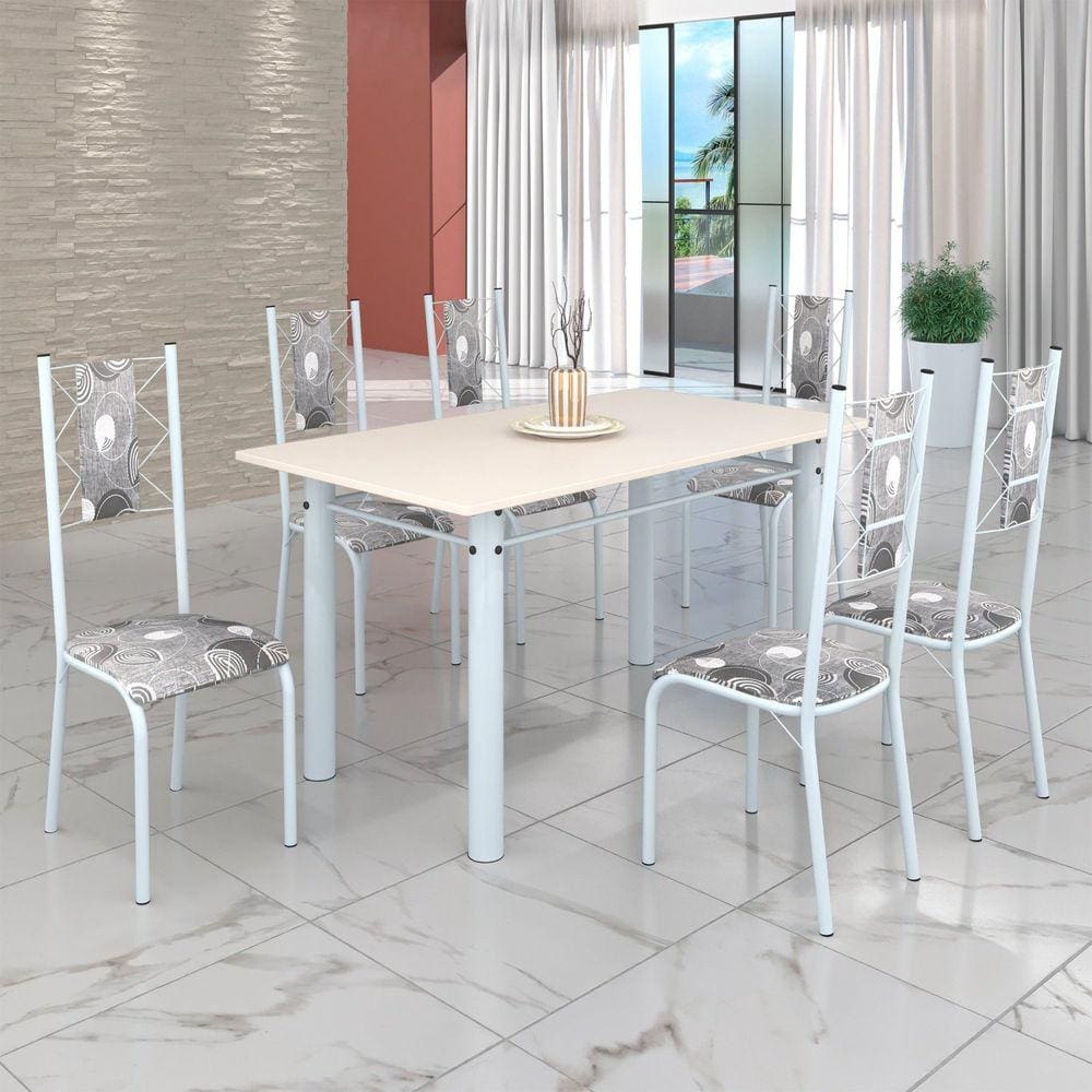 Conjunto Sala de Jantar Bahia Mesa Tubo 140x75cm Tampo Madeira com 6 Cadeiras Paraopeba/Branco