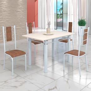 Conjunto Sala de Jantar Bahia Mesa Tubo 120x75cm Tampo Madeira com 4 Cadeiras Marrom/Branco