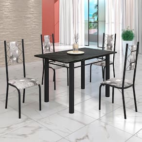 Conjunto Sala de Jantar Bahia Mesa Tubo 120x75cm Tampo Madeira Indiana com 4 Cadeiras Paraopeba/Preto Fosco