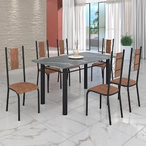 Conjunto Sala de Jantar Bahia Mesa Tubo 3" 140x75cm Tampo Pedra Granito Topázio com 6 Cadeiras C. Marrom / Preto Fosco