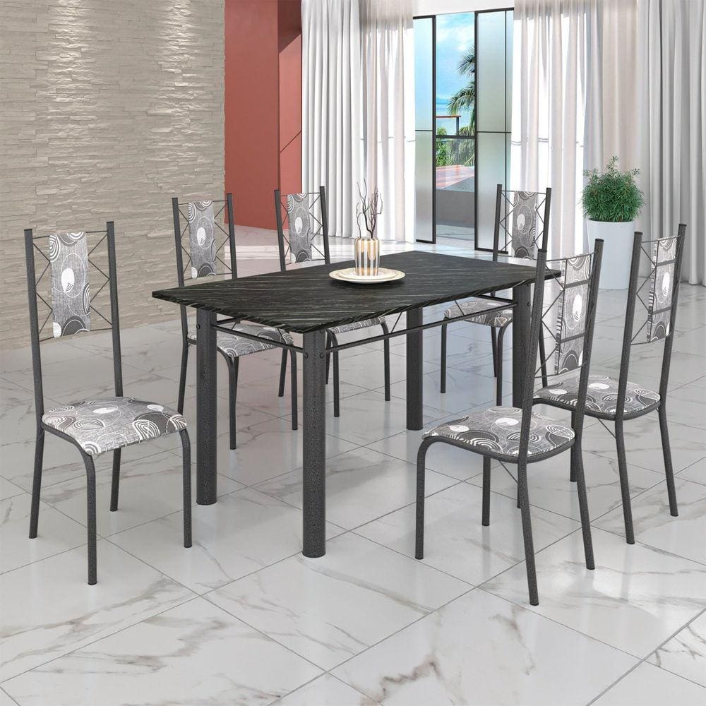 Conjunto Sala de Jantar Bahia Mesa Tubo 140x75cm Tampo Madeira Indiano com 6 Cadeiras Paraopeba / Mart Prata
