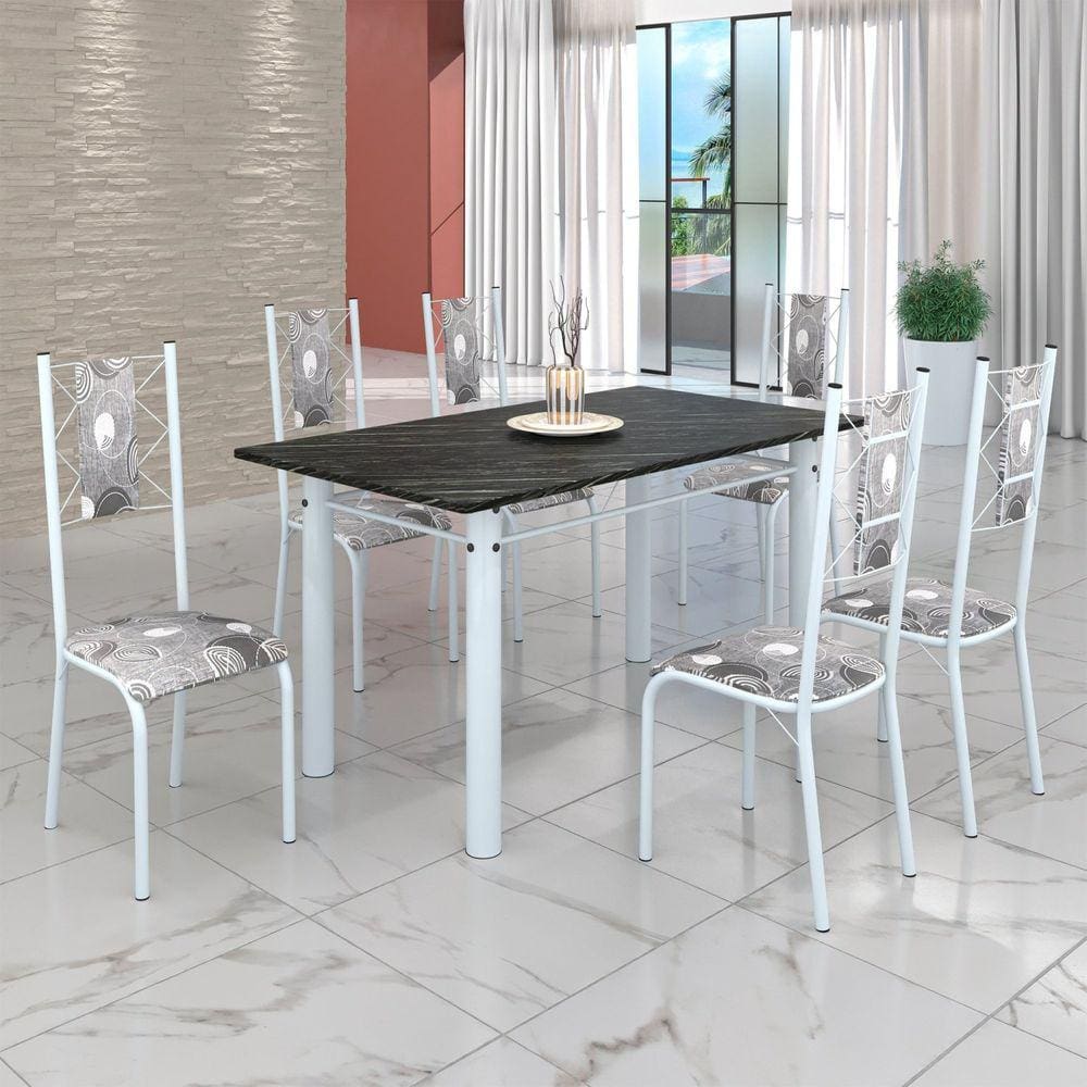Conjunto Sala de Jantar Bahia Mesa Tubo 140x75cm Tampo Pedra Ardósia Indiana com 6 Cadeiras Paraopeba/Branco