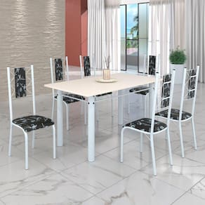 Conjunto Sala de Jantar Bahia Mesa Tubo 140x75cm Tampo Madeira com 6 Cadeiras Preto Floral/Branco