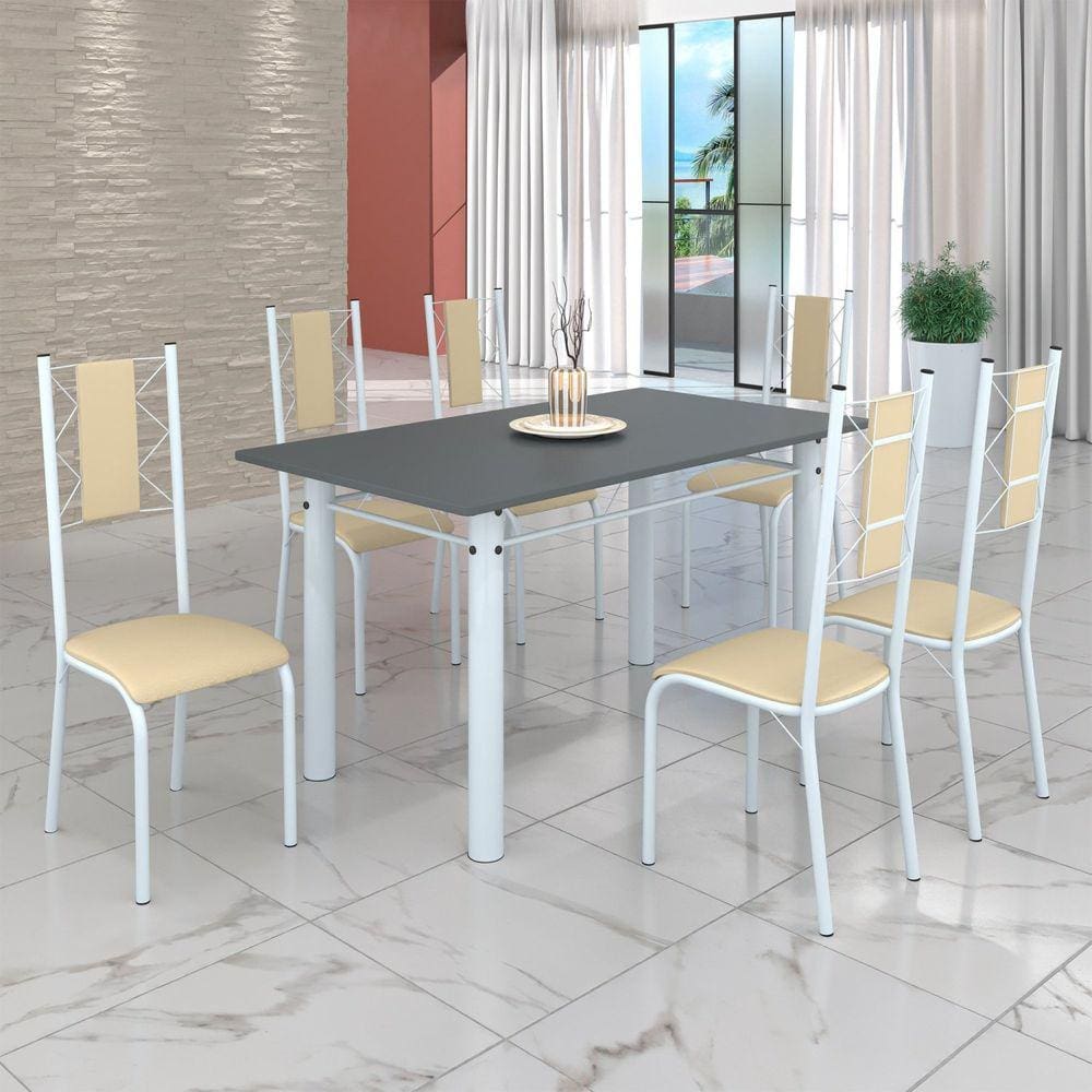 Conjunto Sala de Jantar Bahia Mesa Tubo 140x75cm Tampo Madeira com 6 Cadeiras Creme/Branco