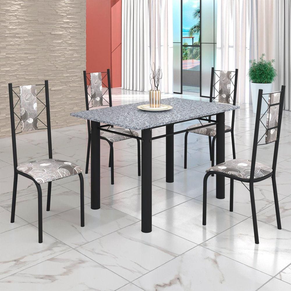 Conjunto Sala de Jantar Bahia Mesa Tubo 120x75cm Tampo Pedra Granito Ocre com 4 Cadeiras Paraopeba/Preto
