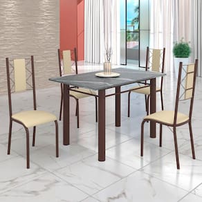 Conjunto Sala de Jantar Bahia Mesa Tubo 120x75cm Tampo Pedra Granito Topázio com 4 Cadeiras Creme/Marrom