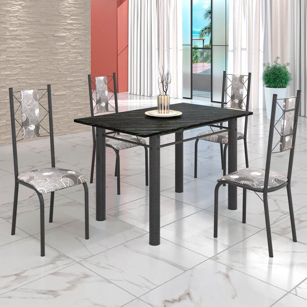 Conjunto Sala de Jantar Bahia Mesa Tubo 120x75cm Tampo Pedra Ardósia Indiana com 4 Cadeiras Paraopeba/Prata