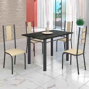 Conjunto Sala de Jantar Bahia Mesa Tubo 120x75cm Tampo Madeira Indiana com 4 Cadeiras Creme/Prata