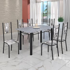 Conjunto Sala de Jantar Bahia Mesa Tubo 140x75cm Tampo Pedra Granito com 6 Cadeiras Paraopeba/Preto Fosco