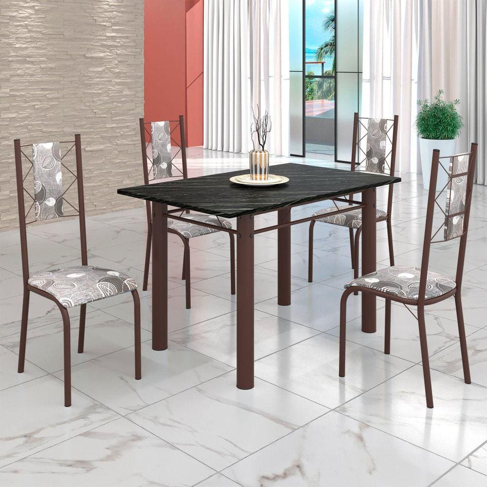 Conjunto Sala de Jantar Bahia Mesa Tubo 120x75cm Tampo Pedra Ardósia Indiana com 4 Cadeiras Paraopeba/Marrom