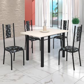 Conjunto Sala de Jantar Bahia Mesa Tubo 120x75cm Tampo Madeira com 4 Cadeiras Preto Floral/Preto Fosco