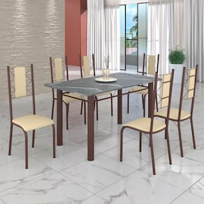 Conjunto Sala de Jantar Bahia Mesa Tubo 3" 140x75cm Tampo Pedra Granito Topázio com 6 Cadeiras Creme / Marrom