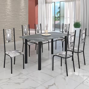 Conjunto Sala de Jantar Bahia Mesa Tubo 3" 140x75cm Tampo Pedra Granito Topázio com 6 Cadeiras Paraopeba/ Preto Fosco