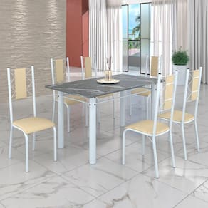 Conjunto Sala de Jantar Bahia Mesa Tubo 140x75cm Tampo Pedra Granito Topázio com 6 Cadeiras Creme/Branco