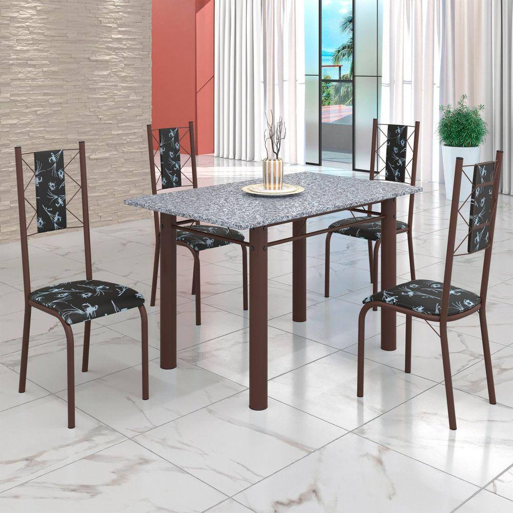 Conjunto Sala de Jantar Bahia Mesa Tubo 120x75cm Tampo Pedra Granito Ocre com 4 Cadeiras Preto Floral/Marrom