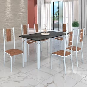 Conjunto Sala de Jantar Bahia Mesa Tubo 140x75cm Tampo Pedra Ardósia Indiana com 6 Cadeiras Marrom/Branco