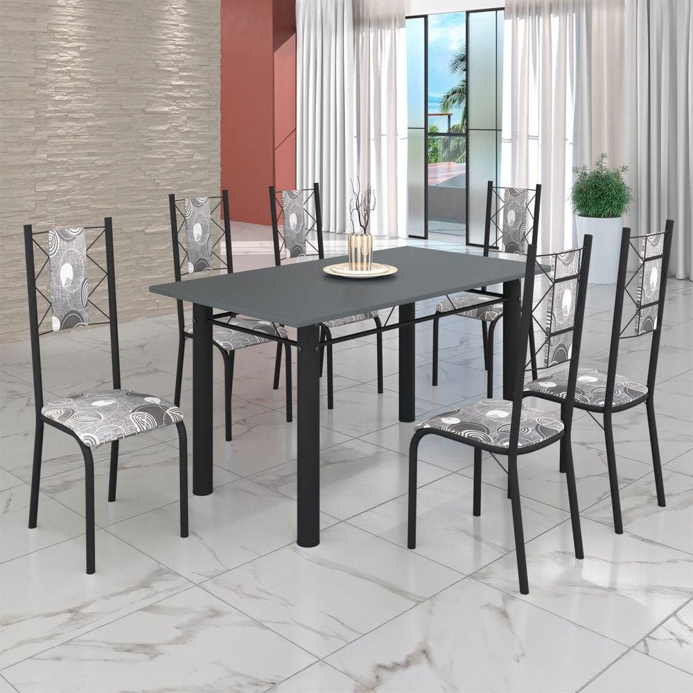 Conjunto Sala de Jantar Bahia Mesa Tubo 140x75cm Tampo Pedra com 6 Cadeiras Paraopeba/ Preto Fosco