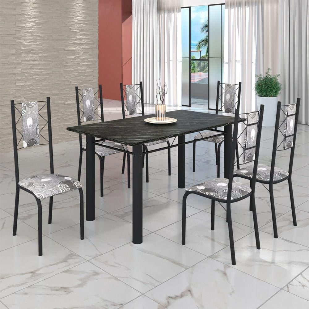 Conjunto Sala de Jantar Bahia Mesa Tubo 140x75cm Tampo Pedra Ardósia Indiana com 6 Cadeiras Paraopeba/ Preto Fosco