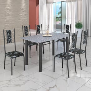 Conjunto Sala de Jantar Bahia Mesa Tubo 140x75cm Tampo Pedra Granito com 6 Cadeiras Preto Floral/Prata