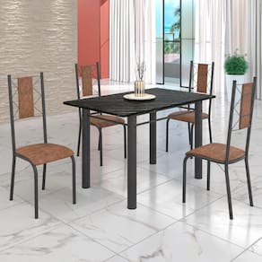 Conjunto Sala de Jantar Bahia Mesa Tubo 120x75cm Tampo Madeira Indiana com 4 Cadeiras Marrom/Prata