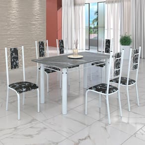 Conjunto Sala de Jantar Bahia Mesa Tubo 140x75cm Tampo Pedra Granito Topázio com 6 Cadeiras Preto Floral/Branco