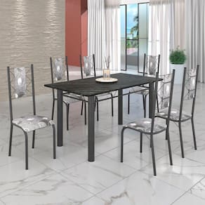 Conjunto Sala de Jantar Bahia Mesa Tubo 140x75cm Tampo Pedra Ardósia Indiana com 6 Cadeiras Paraopeba / Mart Prata