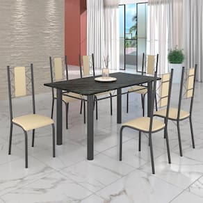 Conjunto Sala de Jantar Bahia Mesa Tubo 140x75cm Tampo Pedra Ardósia Indiana com 6 Cadeiras Creme / Mart Prata