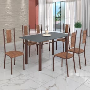 Conjunto Sala de Jantar Bahia Mesa Tubo 140x75cm Tampo Pedra com 6 Cadeiras Courino Marrom / Marrom