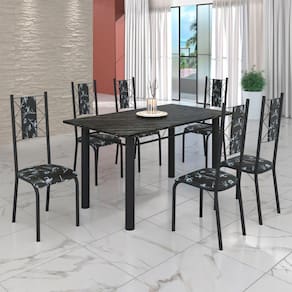 Conjunto Sala de Jantar Bahia Mesa Tubo 140x75cm Tampo Pedra Ardósia Indiana com 6 Cadeiras Preto Floral / Preto Fosco