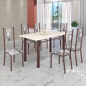 Conjunto Sala de Jantar Bahia Mesa Tubo 140x75cm Tampo Madeira com 6 Cadeiras Paraopeba/Marrom