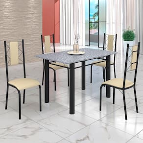 Conjunto Sala de Jantar Bahia Mesa Tubo 120x75cm Tampo Pedra Granito Ocre com 4 Cadeiras Creme/Preto