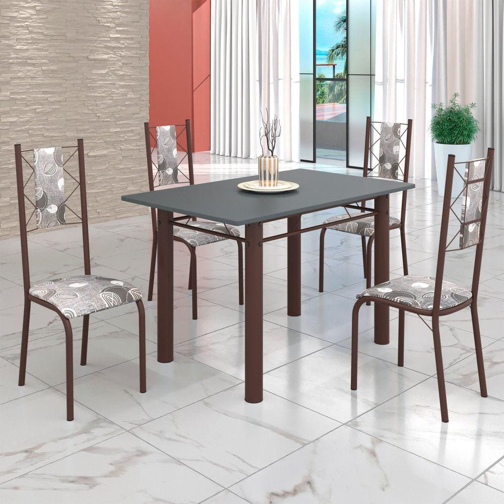 Conjunto Sala de Jantar Bahia Mesa Tubo 120x75cm Tampo Pedra com 4 Cadeiras Paraopeba/Marrom