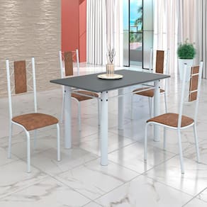 Conjunto Sala de Jantar Bahia Mesa Tubo 120x75cm Tampo Pedra com 4 Cadeiras Marrom/Branco