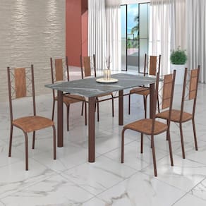Conjunto Sala de Jantar Bahia Mesa Tubo 3" 140x75cm Tampo Pedra Granito Topázio com 6 Cadeiras C. Marrom / Marrom