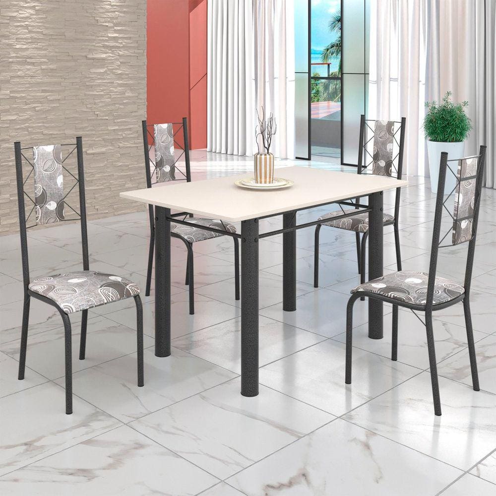 Conjunto Sala de Jantar Bahia Mesa Tubo 120x75cm Tampo Madeira com 4 Cadeiras Paraopeba/Prata