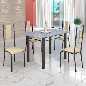 Conjunto Sala de Jantar Bahia Mesa Tubo 120x75cm Tampo Pedra Granito Ocre com 4 Cadeiras Creme/Prata