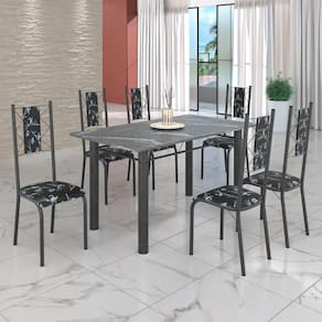 Conjunto Sala de Jantar Bahia Mesa Tubo 3" 140x75cm Tampo Pedra Granito Topázio com 6 Cadeiras Preto Floral / Mart Prata