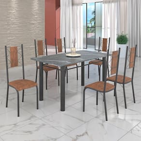 Conjunto Sala de Jantar Bahia Mesa Tubo 3" 140x75cm Tampo Pedra Granito Topázio com 6 Cadeiras C. Marrom / Mart Prata