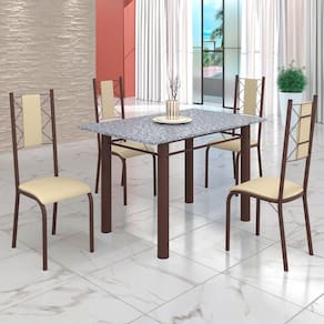 Conjunto Sala de Jantar Bahia Mesa Tubo 120x75cm Tampo Pedra Granito Ocre com 4 Cadeiras Creme/Marrom