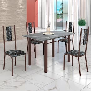Conjunto Sala de Jantar Bahia Mesa Tubo 120x75cm Tampo Pedra Granito Topázio com 4 Cadeiras Preto/Marrom