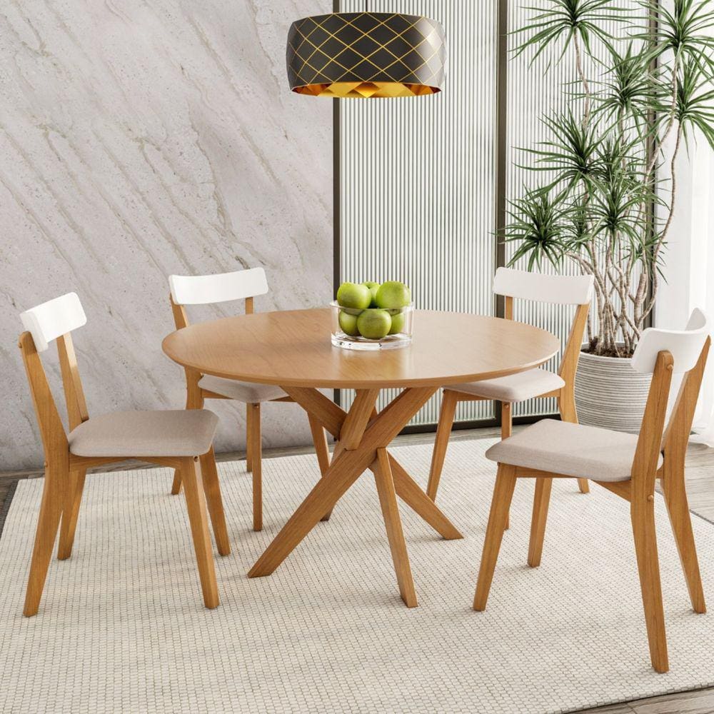 Conjunto Sala de Jantar Mesa Tampo Redondo Madeira Maciça com 4 Cadeiras Rafa Espresso Móveis Branco/Nozes
