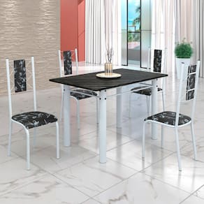 Conjunto Sala de Jantar Bahia Mesa Tubo 120x75cm Tampo Pedra Ardósia Indiana com 4 Cadeiras Preto Floral/Branco