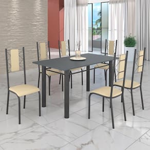 Conjunto Sala de Jantar Bahia Mesa Tubo 140x75cm Tampo Pedra com 6 Cadeiras Creme / Mart Prata