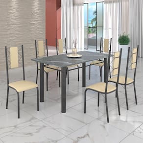 Conjunto Sala de Jantar Bahia Mesa Tubo 3" 140x75cm Tampo Pedra Granito Topázio com 6 Cadeiras Creme / Mart Prata