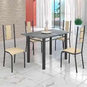 Conjunto Sala de Jantar Bahia Mesa Tubo 120x75cm Tampo Pedra Granito Topázio com 4 Cadeiras Creme/Prata