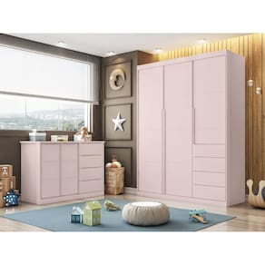 Quarto Infantil Completo Pérola Roupeiro e Cômoda 4 Gavetas Rose